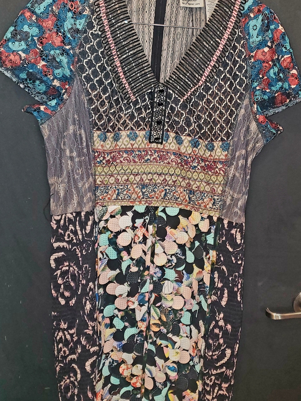 Byron Lars Multicolor Patchwork Midi Dress with Black Accents